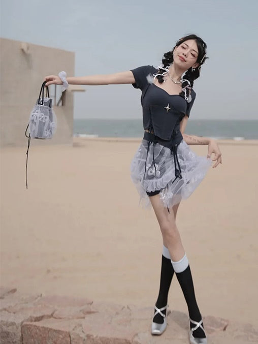 Embroidery Slim Short T-shirt ＆ Camisole & Ribbon Culottes ＆ Bubble Skirt