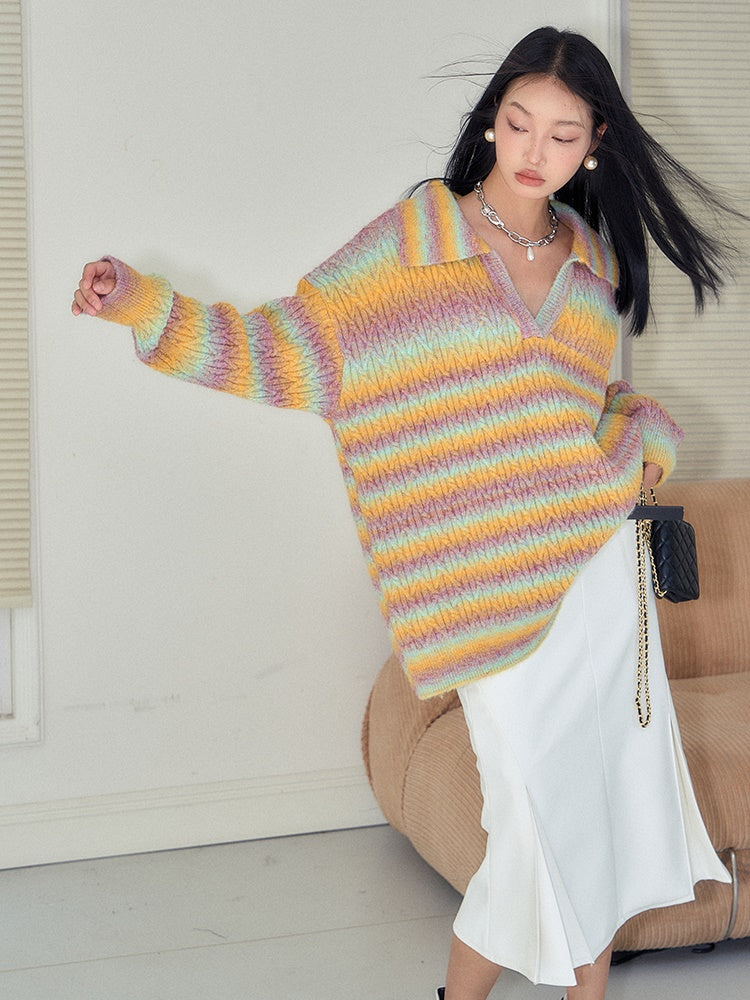 Gradient Rainbow Border Lapel Sweater