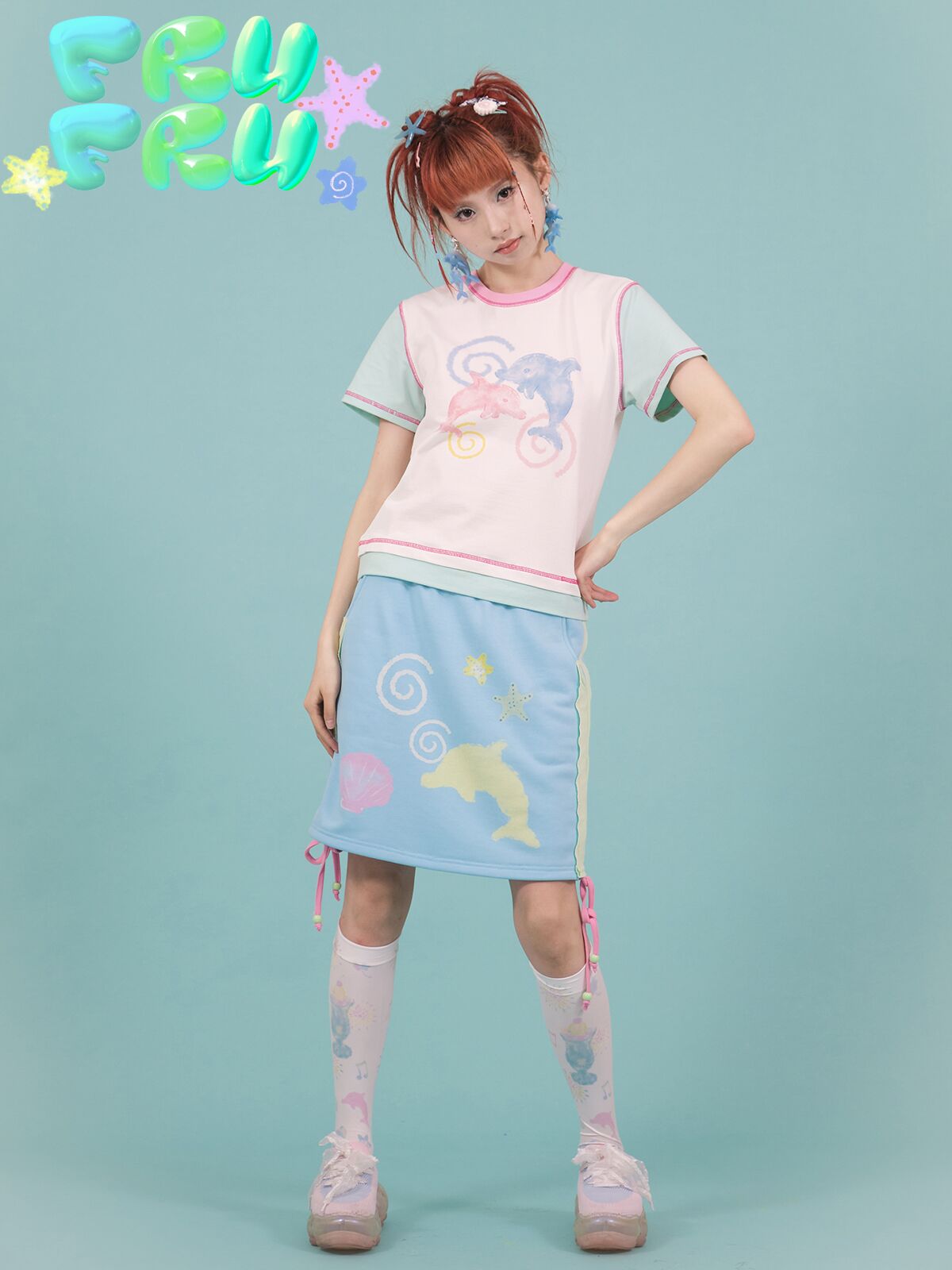 Contrast Color Dolphin Illustration Short T-shirt