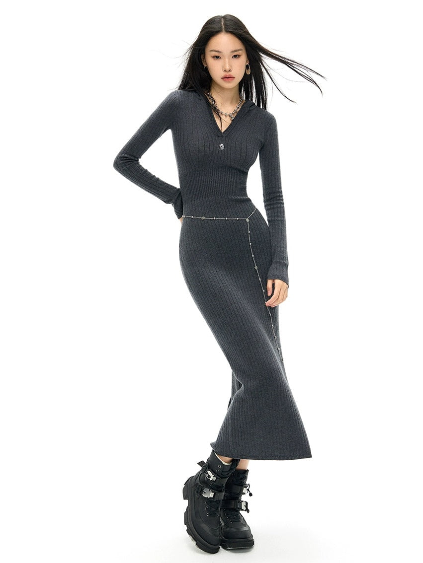 Slim Fit Hooded Knitted Long-sleeved Dress