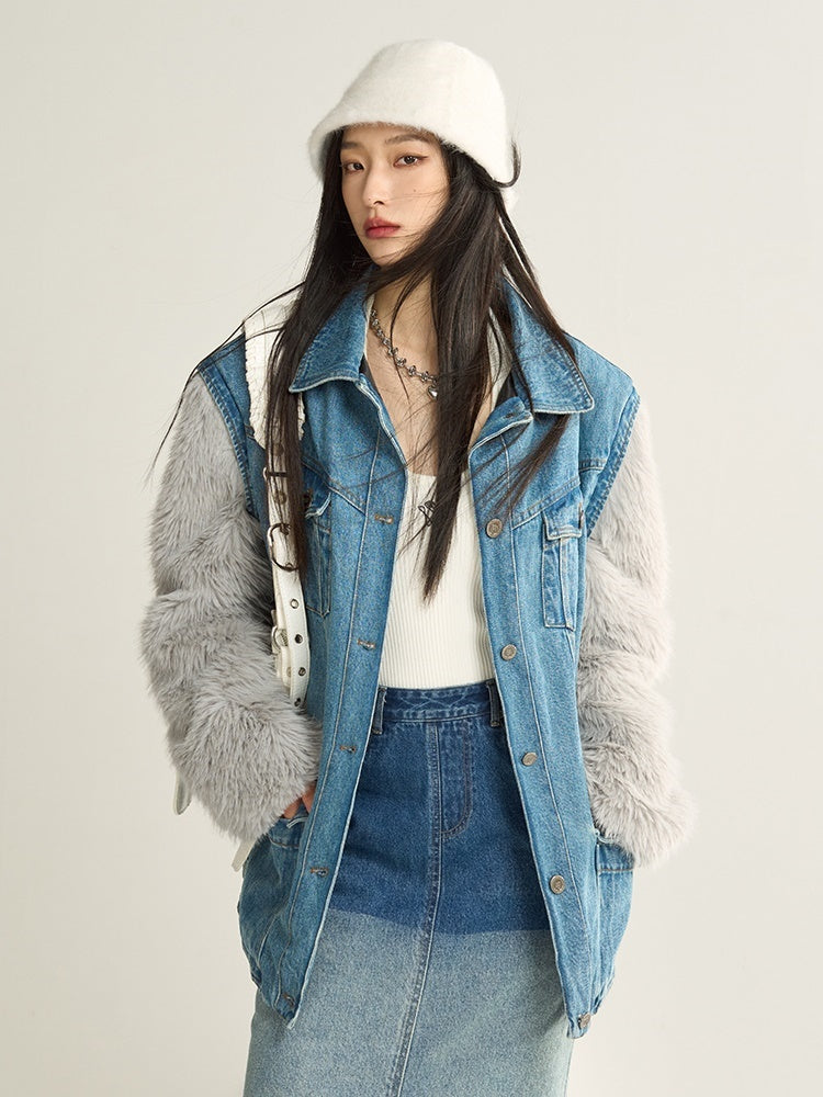 Denim Stitching Fur Jacket