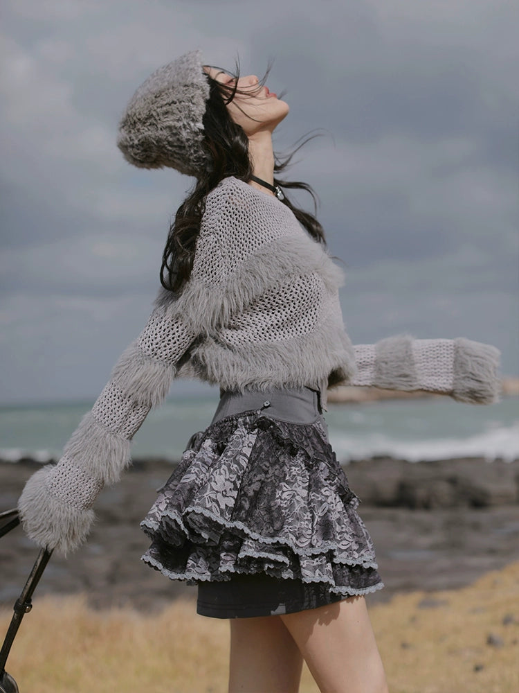 Fluffy Cropped Sweater & Imitation Fur Scarf