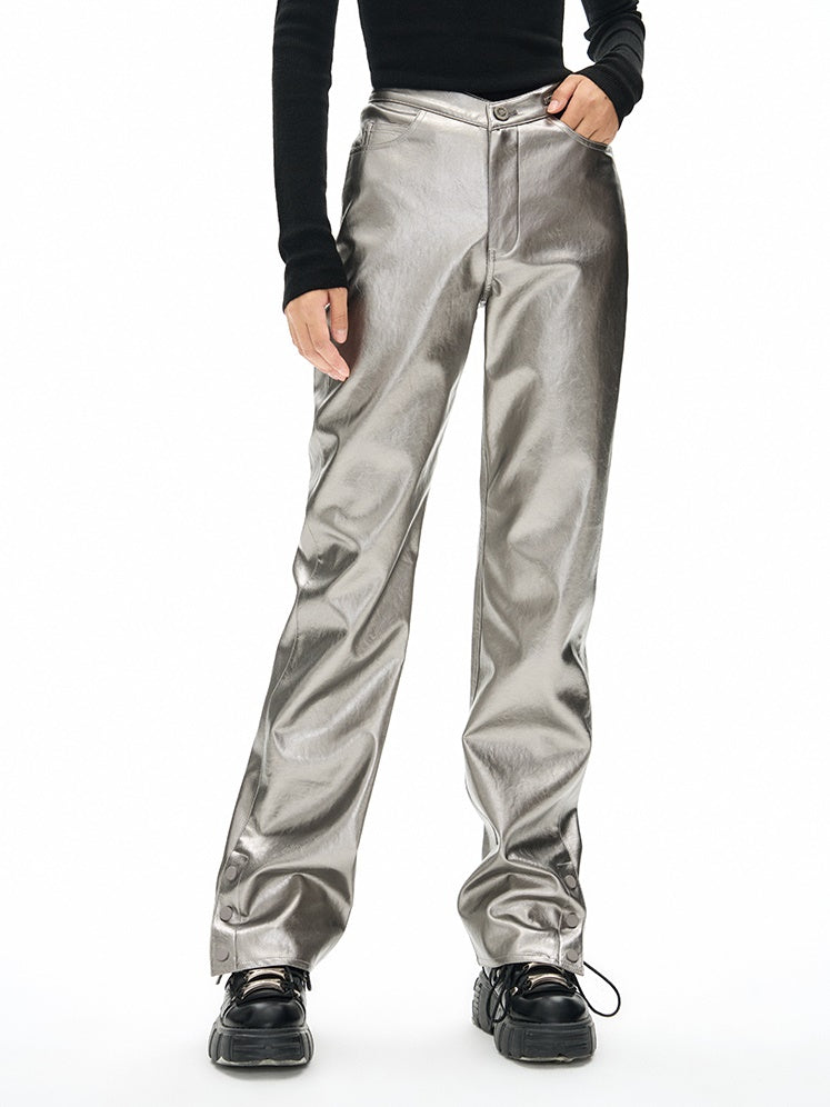 V-shaped High Waist Metallic Leather Pants