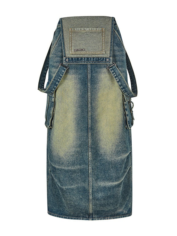 Washed Denim Tooling Suspenders Skirt