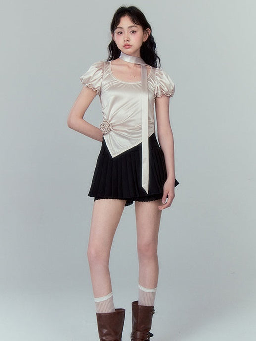 Wrinkled Bud Sleeve Short-sleeved Satin Top