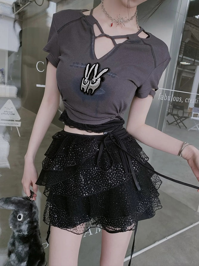 Bunny Length T-Shirt ＆ Black Lace Set-up