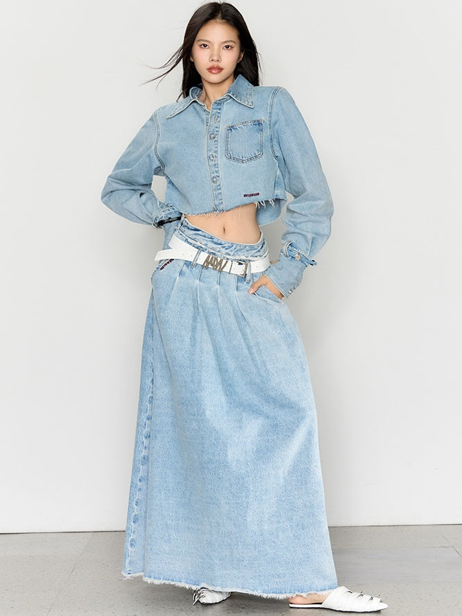 Large Pleated Washed Denim Skirt