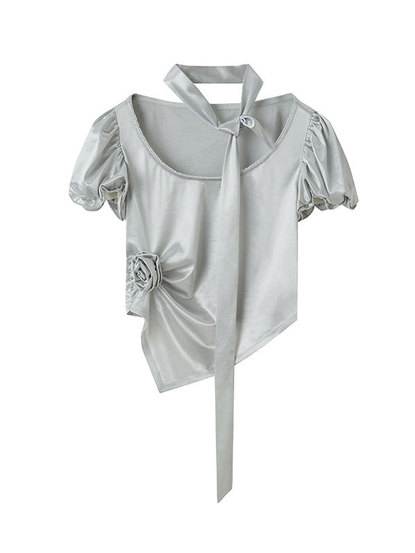 Wrinkled Bud Sleeve Short-sleeved Satin Top