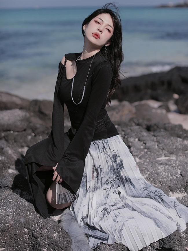 Chinese Ink Pleated Skirt & Shawl & Asymmetry Design Top