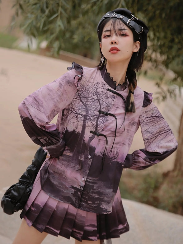 New Chinese National Style Printed Shirt & Skirt