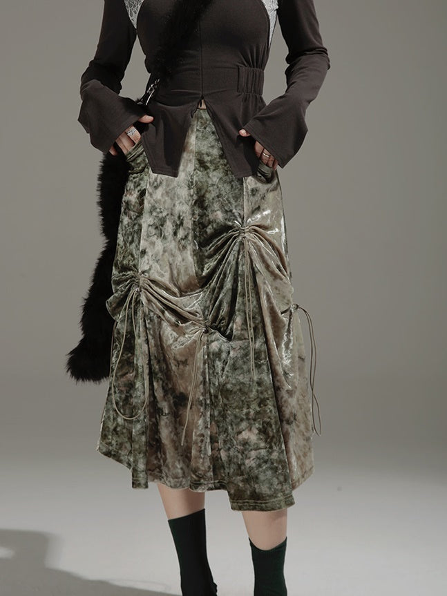 Velvet Drawstring Long Skirt