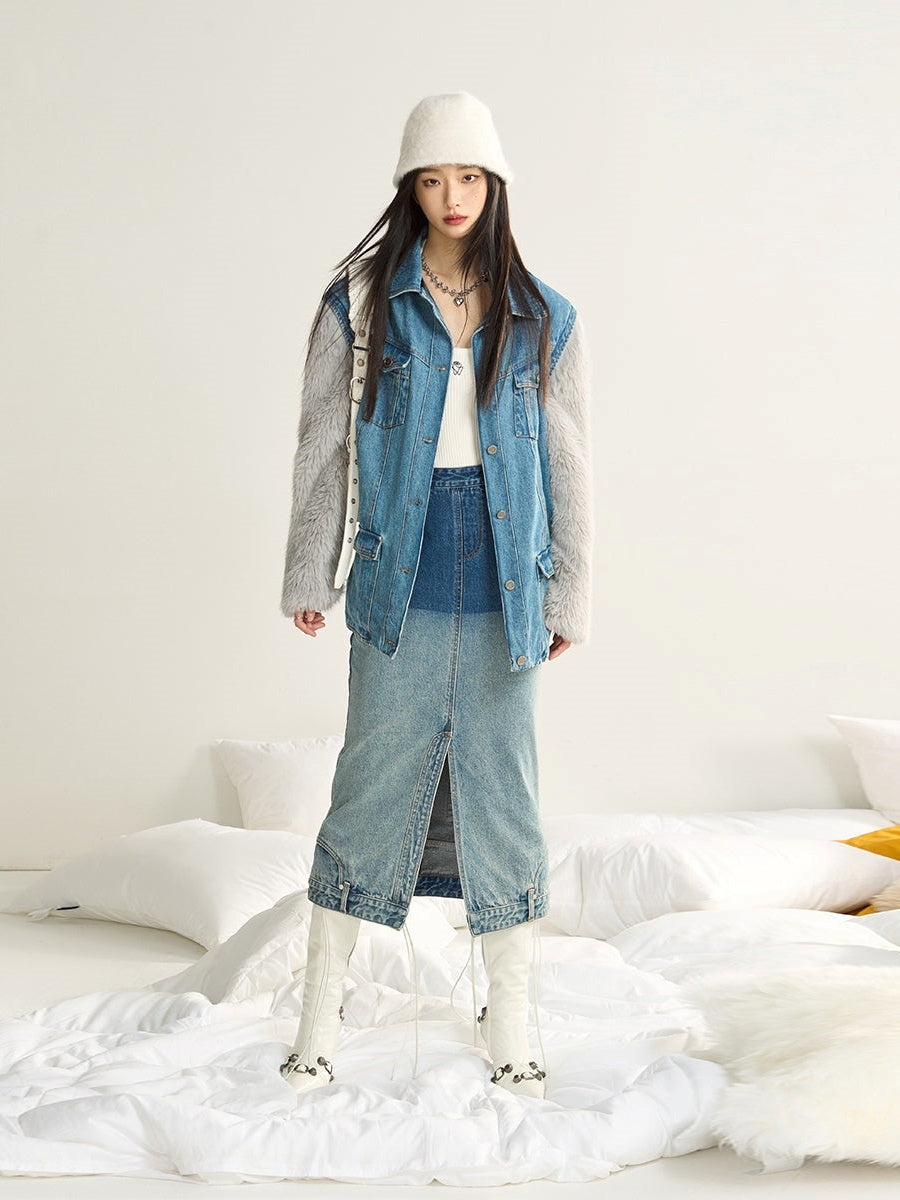 Denim Stitching Fur Jacket