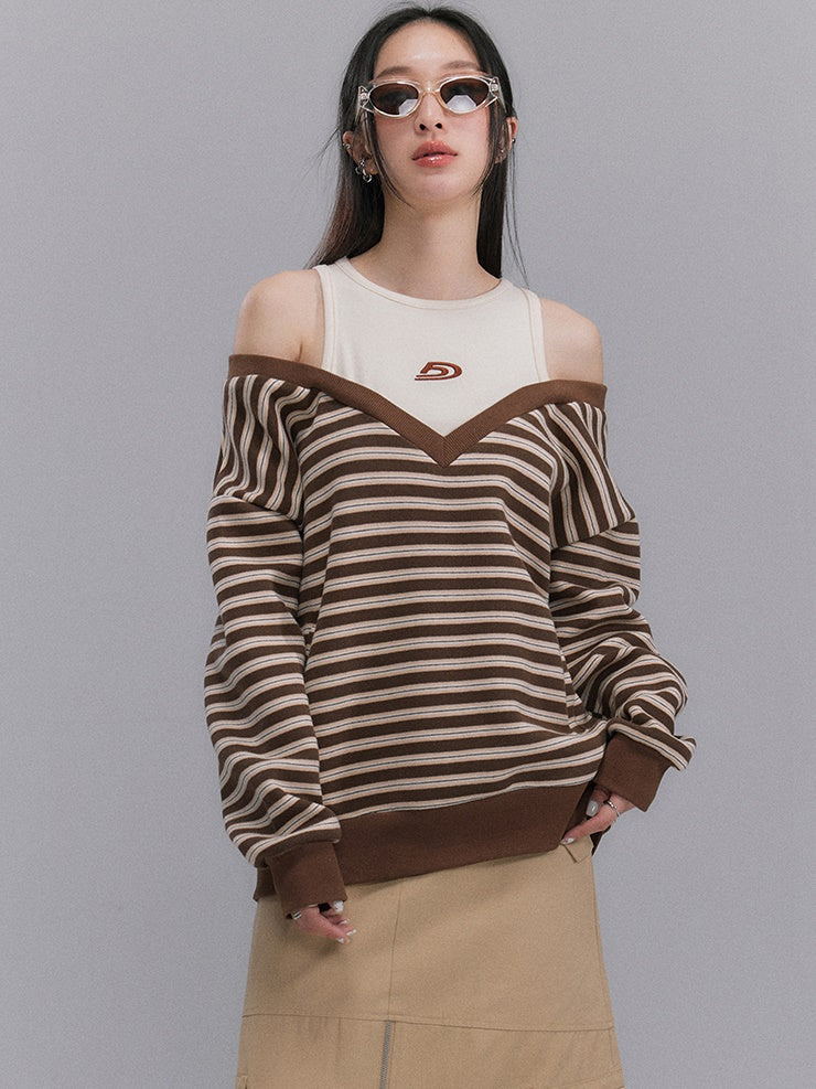 Striped Cut-Shoulder V-neck Pullover