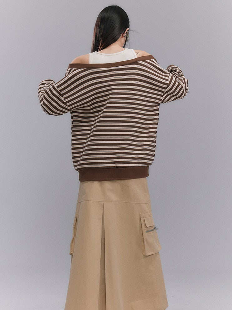 Striped Cut-Shoulder V-neck Pullover