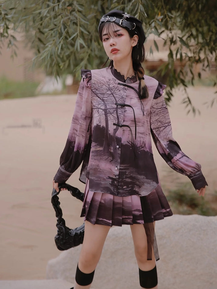 New Chinese National Style Printed Shirt & Skirt