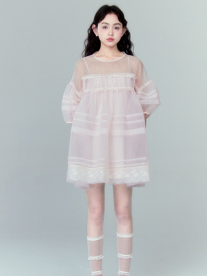 A-line Mesh Sheer Lace Hem Dress