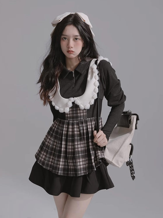 Fake Two Doll Collar Wool Plaid Dress