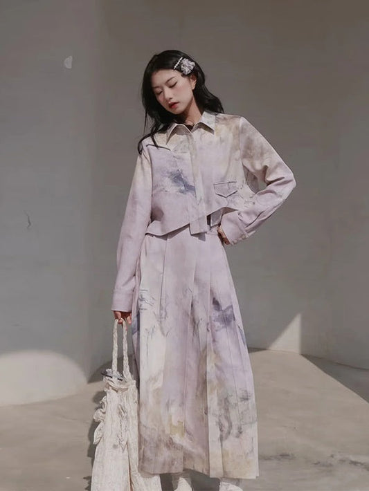 Sakura Oil Painting Printing Shirt & Pleated Skirt