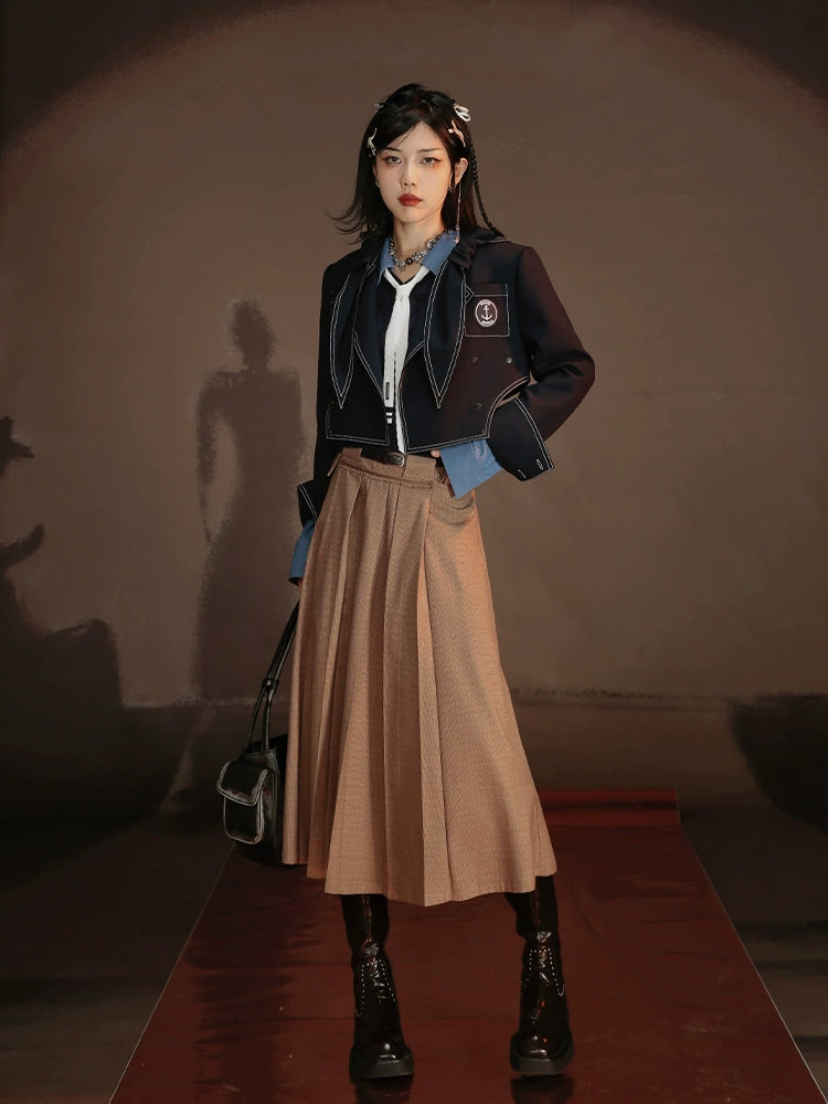 Retro School Style Long Pleated Skirt