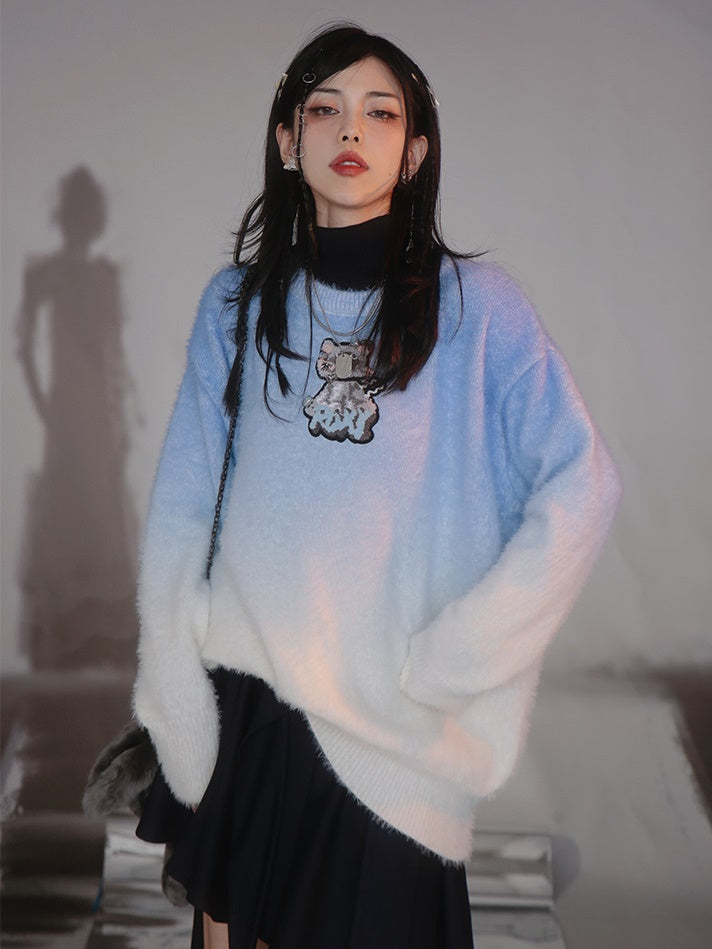 Gradient Embroidered Cat Sweater