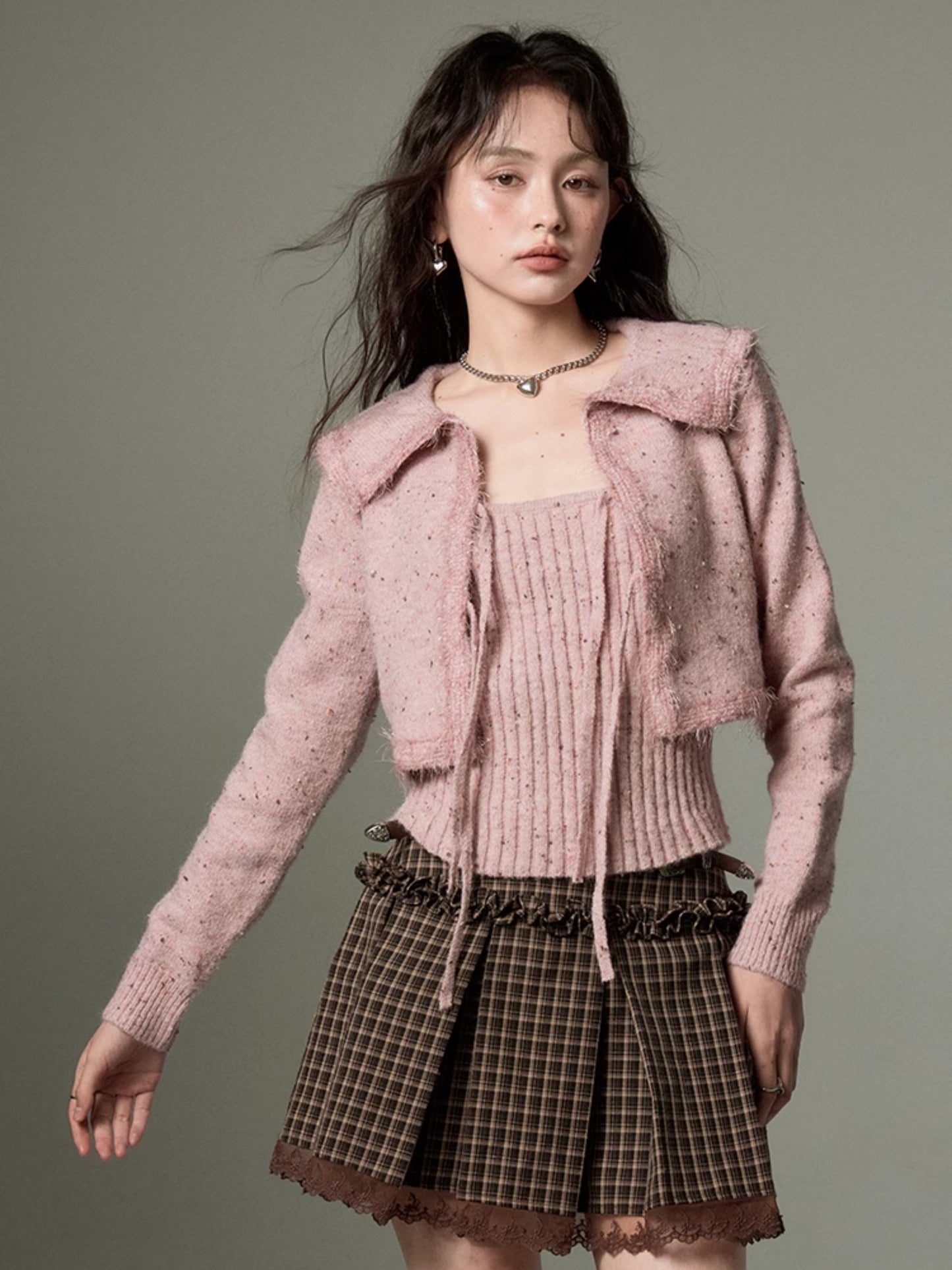 Big Collar Cropped Knitted Cardigan & Camisole Set-up