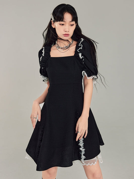 Square Neck Puff Sleeve Black Dress