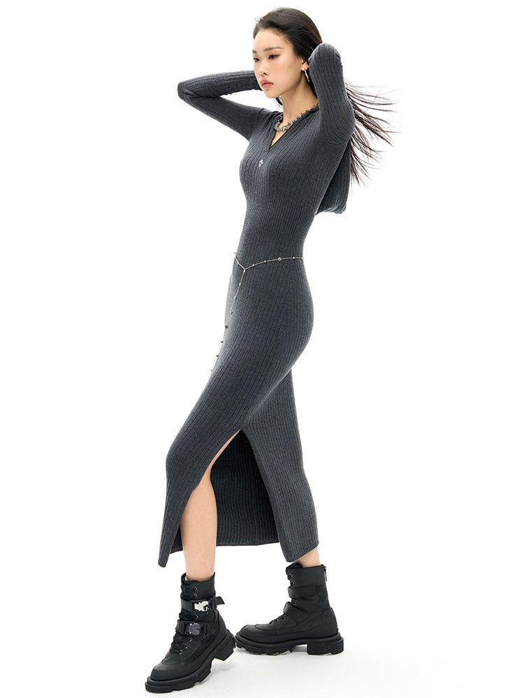 Slim Fit Hooded Knitted Long-sleeved Dress