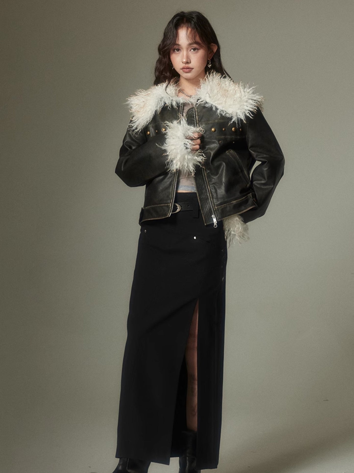 Furry Lapel Leather Jacket