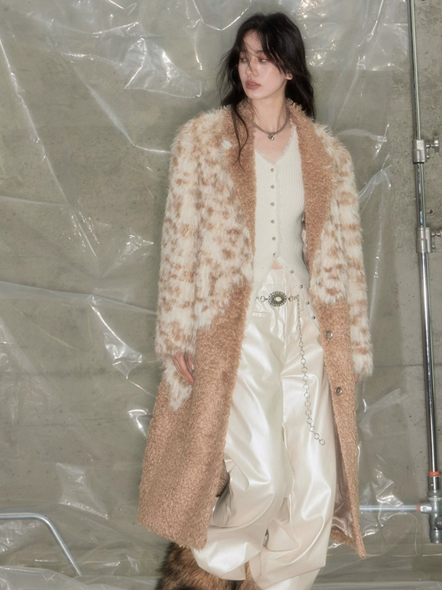 Leopard Print Switching Mid-length Fur Coat