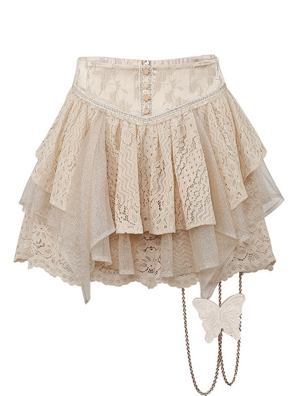 Lace Asymmetry Long Camisole Top ＆ Cake Culottes Skirt & Shawl Top