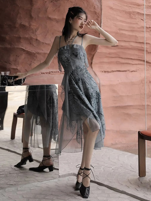 Velvet Flocking Irregular Hem Suspender Dress