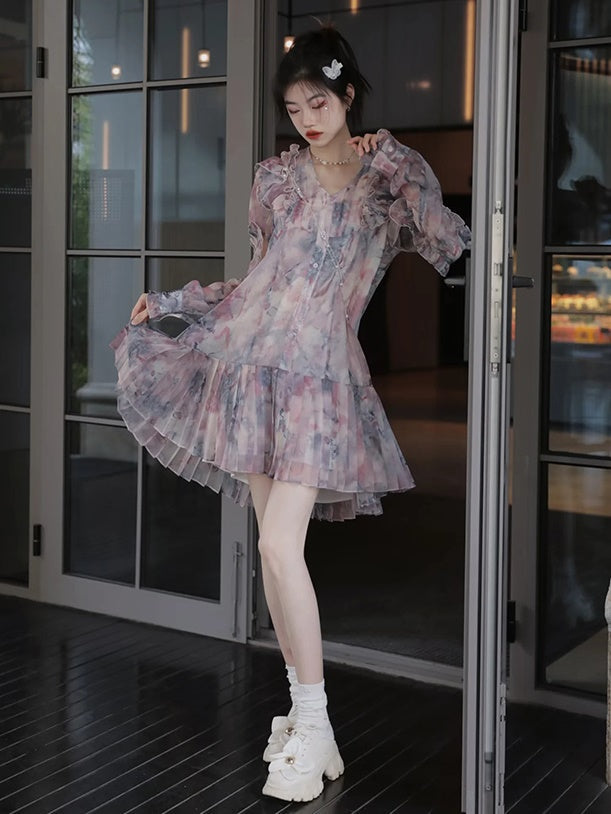 Oil Painting Printed Suspender Dress ＆ Mesh Pleat Dress ＆ Shirt Cardigan