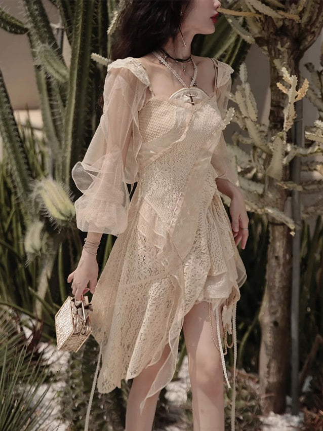 Lace Asymmetry Long Camisole Top ＆ Cake Culottes Skirt & Shawl Top