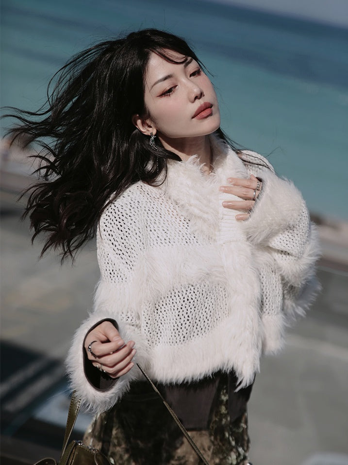 Fluffy Cropped Sweater & Imitation Fur Scarf