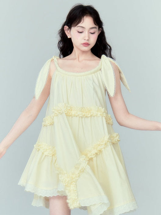 Lotus Leaf Lace Strap Irregular Frill Dress