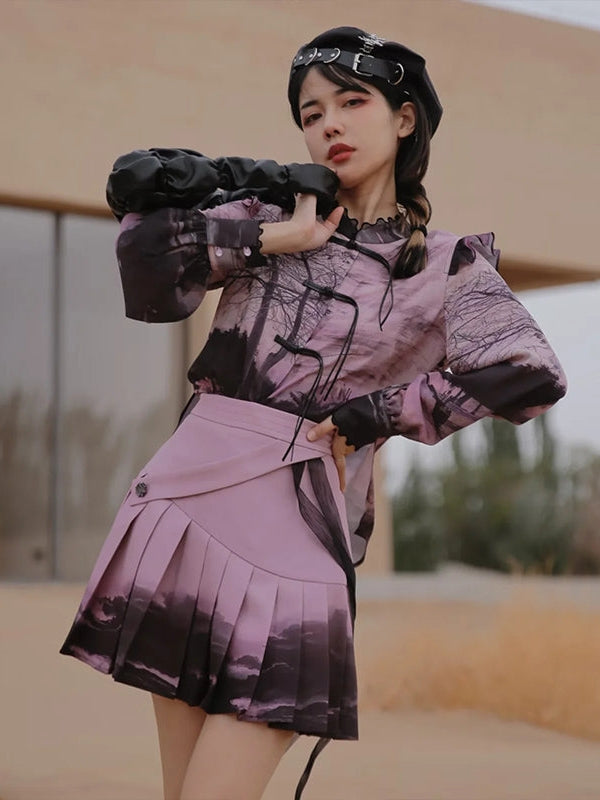 New Chinese National Style Printed Shirt & Skirt