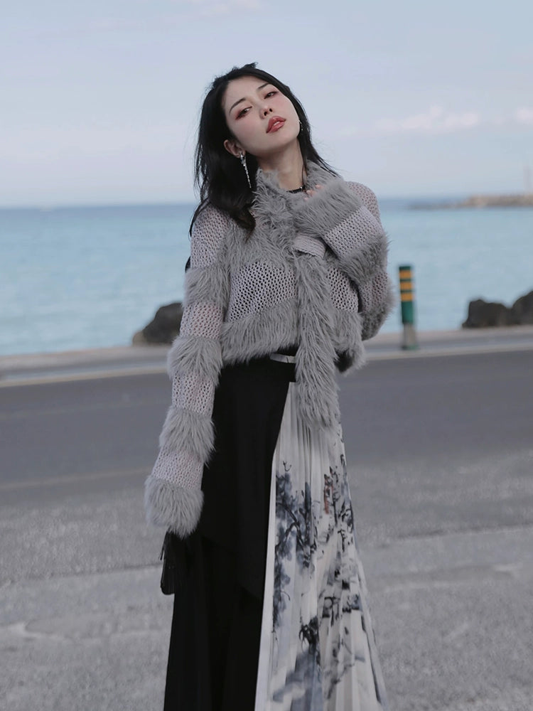 Fluffy Cropped Sweater & Imitation Fur Scarf