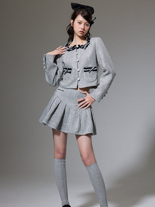 Small Fragrance Bow Cardigan Jacket & Pleated Skirt