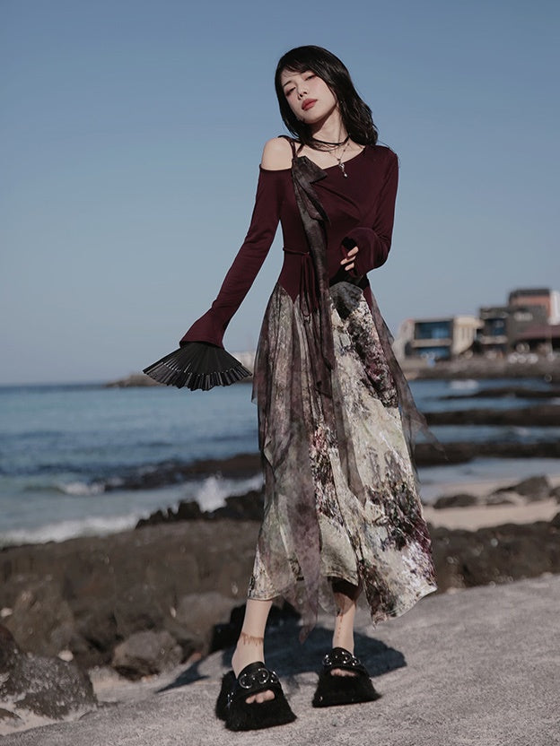 One-Shoulder Switching Forest Dress ＆ Velvet Cape