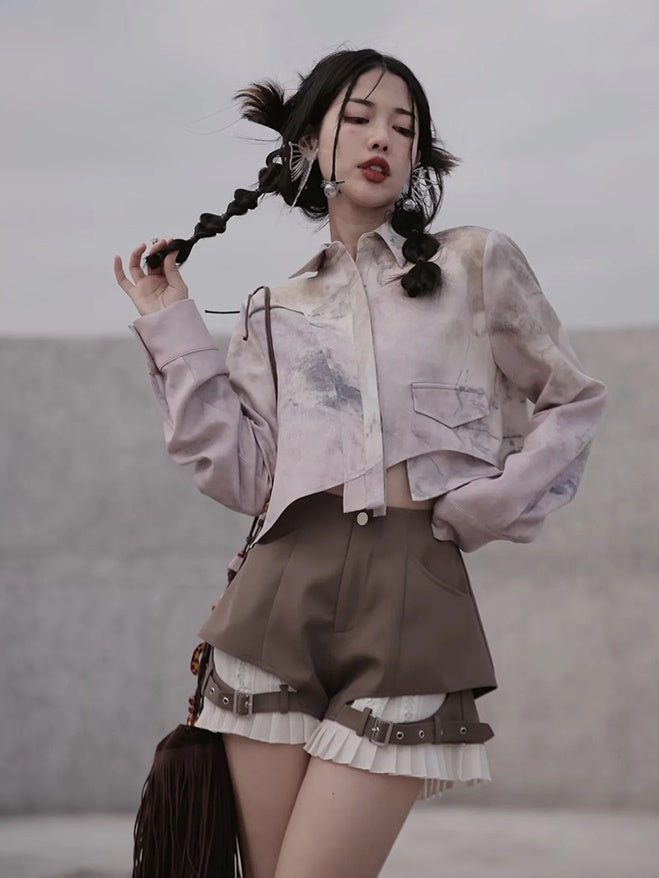 Sakura Oil Painting Printing Shirt & Pleated Skirt