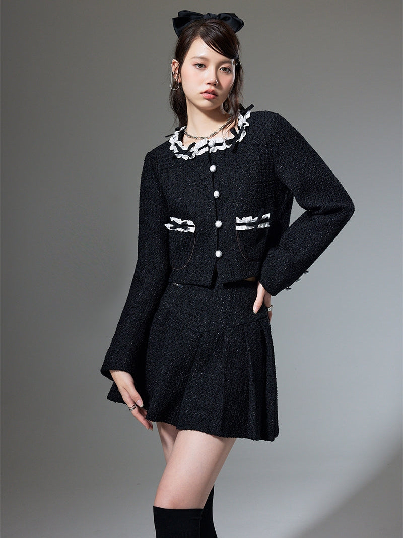 Round Neck Bow Cardigan Jacket & Pleated Skirt