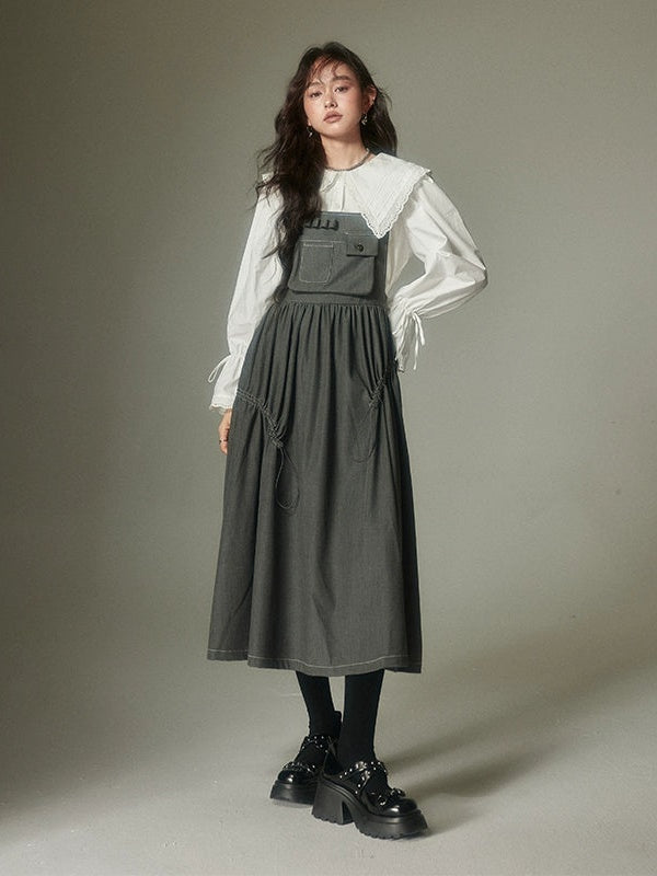 High Waist Gather Suspender Skirt