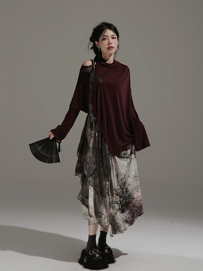 One-Shoulder Switching Forest Dress ＆ Velvet Cape