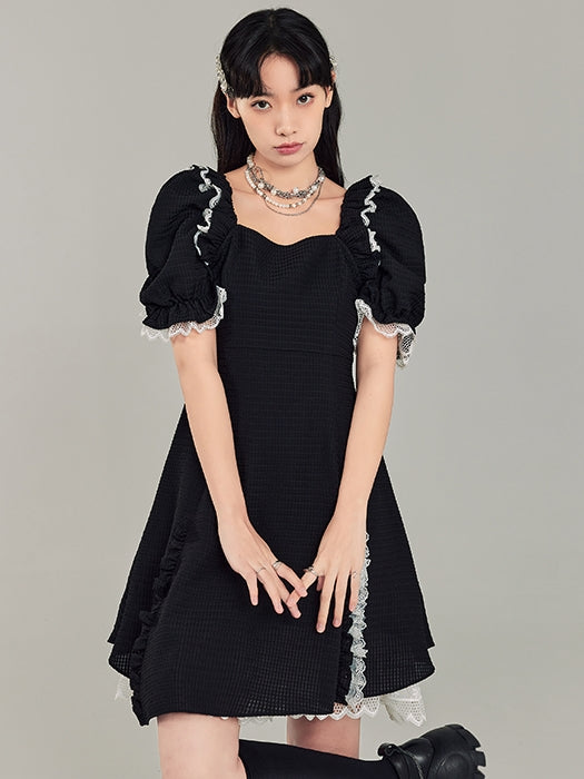 Square Neck Puff Sleeve Black Dress