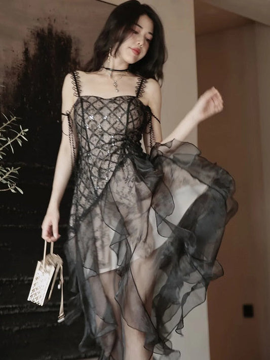 Irregular Frill Stitch Lace Sheer Sling Dress