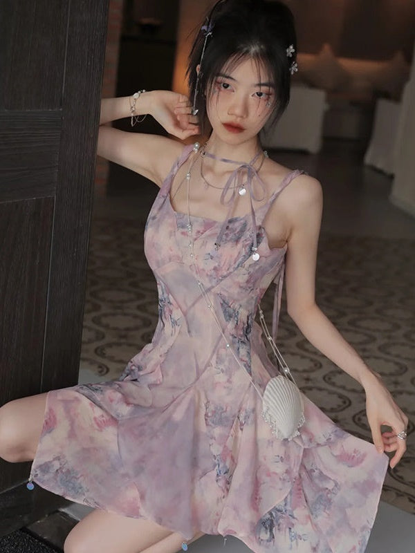 Oil Painting Printed Suspender Dress ＆ Mesh Pleat Dress ＆ Shirt Cardigan