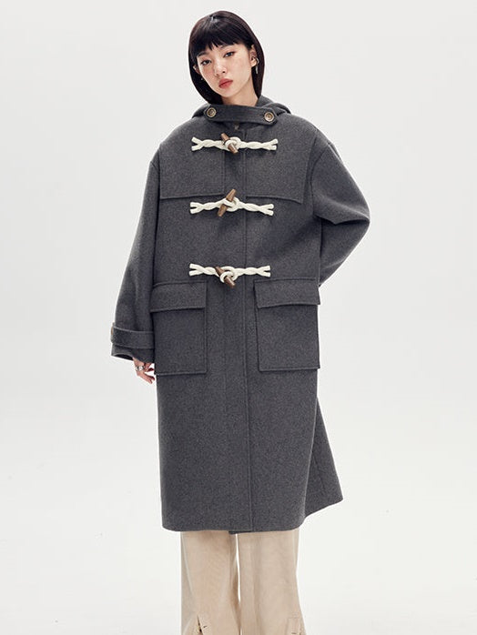 Horn Buckle Hooded Long Woolen Coat