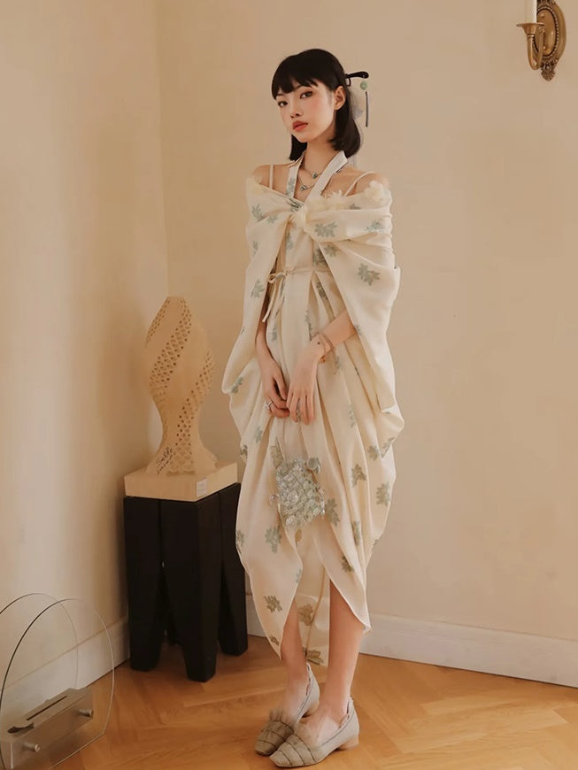 Floral National Style Shawl Dress & Inner One-piece Set-up