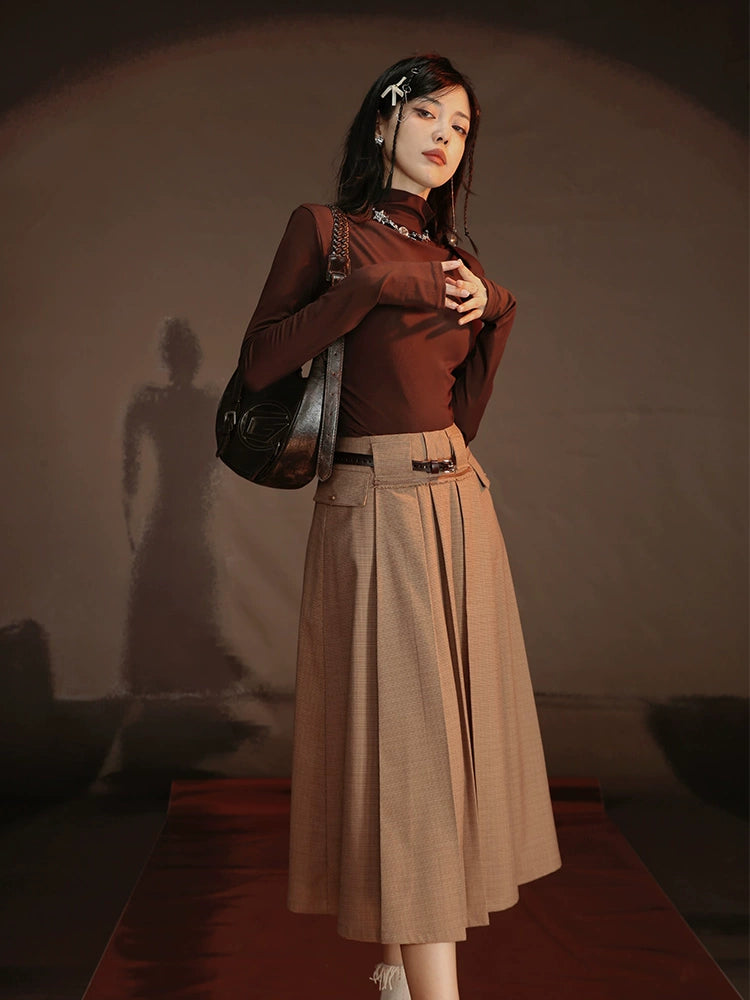 Retro School Style Long Pleated Skirt