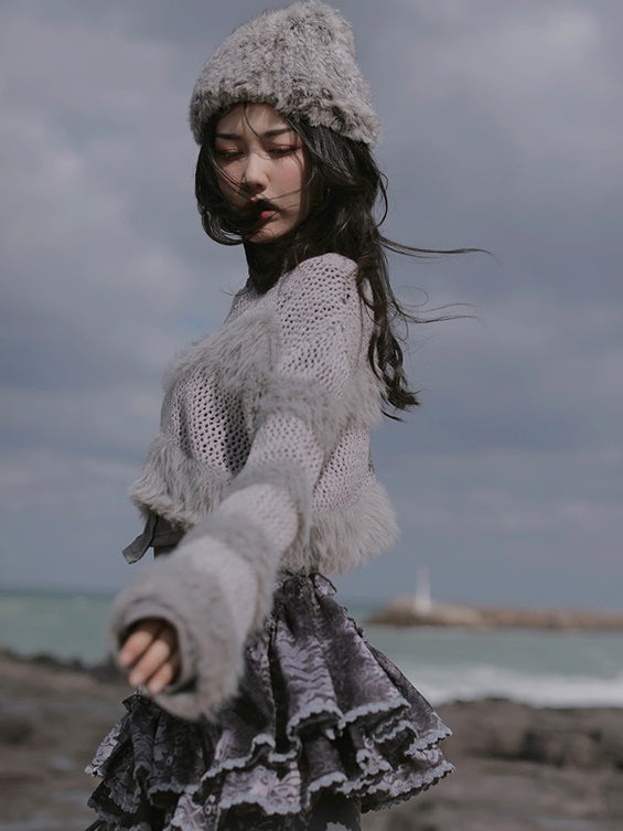 Fluffy Cropped Sweater & Imitation Fur Scarf